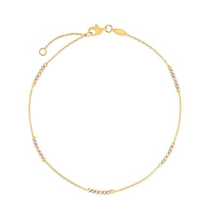 14K Tri-color Gold Diamond Cut Bead Station Anklet
