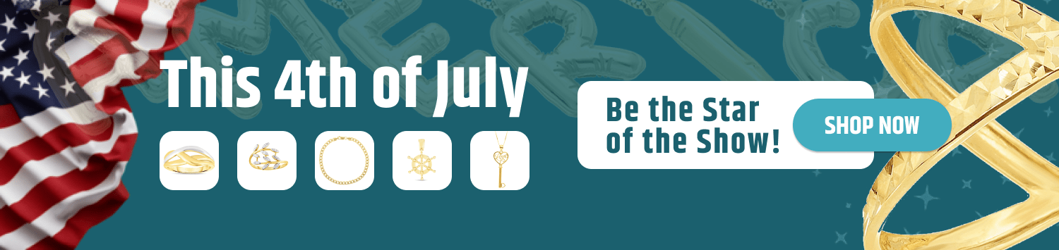 4th of July jewelry sale banner with American flag, gold rings and pendants