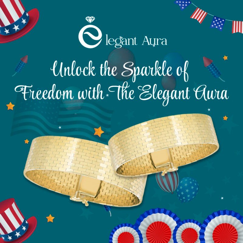 Elegant Aura 4th of July banner featuring two wide gold bracelets