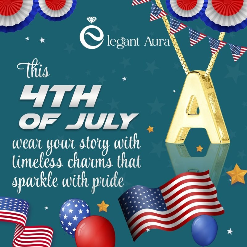 "Elegant Aura 4th of July celebration banner featuring a gold 'A' pendant necklace, American flags, balloons, and festive decorations with the text