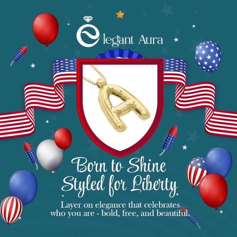 Elegant Aura 4th of July banner with gold balloon-style 'A' pendant necklace in a shield, surrounded by festive balloons, American flags, and fireworks.